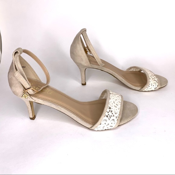 Nanette Lepore Ankle Strap Sandal ‘Beauty’ Heel Crochet Detail Faux Suede Tan 8 - Picture 4 of 14